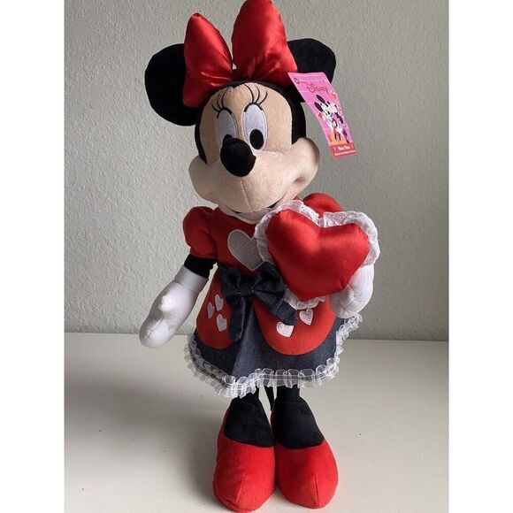 Disney Minnie Mouse Valentines Denim Dress Red Hearts Plush Greeter 24” NEW - Picture 1 of 11